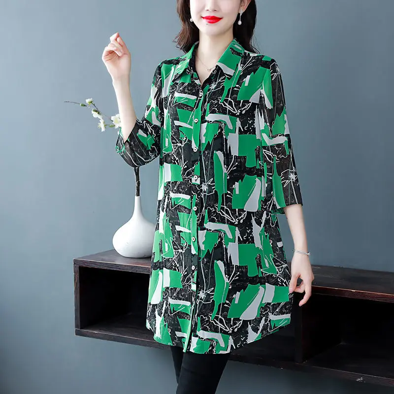 Women Summer Fashion Loose Fashionable Printing Chiffon Polo-Neck 3/4 Sleeve Shirts Women Clothes Casual All-match Elegant Tops