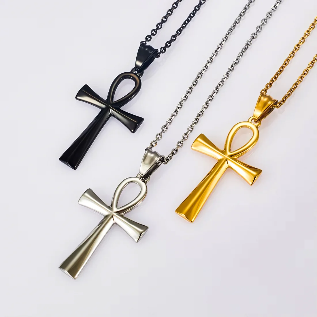 1Pc Vintage Polish Stainless Steel Ankh Cross Pendant Necklaces for Men Women Classic Simple Jewelry Gift Accessories