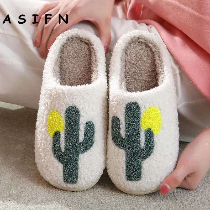 New Comfortable Women Home Cute Cactus Personality Warm Winter Cotton Slippers Couple Men Thick-soled Non-slip Cotton Shoes