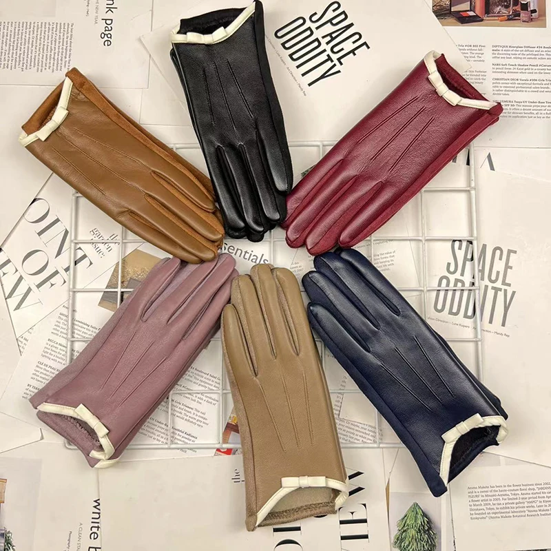 

Winter Fashion Women Artificial Leather Gloves Full Finger Cycling Drive Warm Hands Touch Screen Mittens Lady Cute Bow Gloves