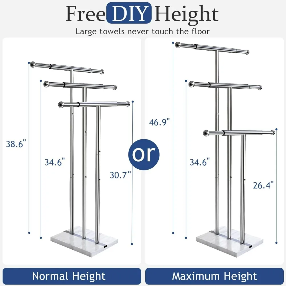 40 inch vertical towel rack, weighted marble base, adjustable width, 3 layers, stainless steel brushed finish