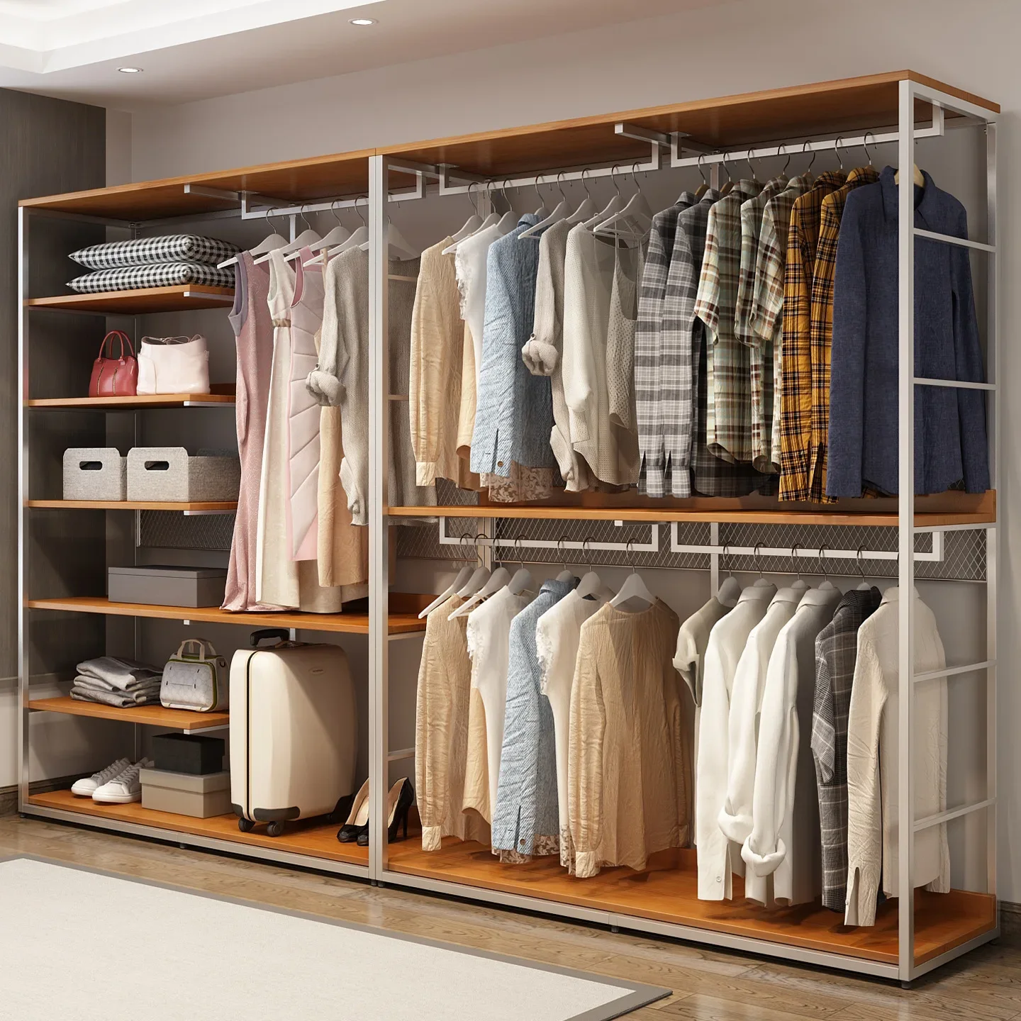 Bedroom household solid wood steel frame hanging clothes structure open cloakroom