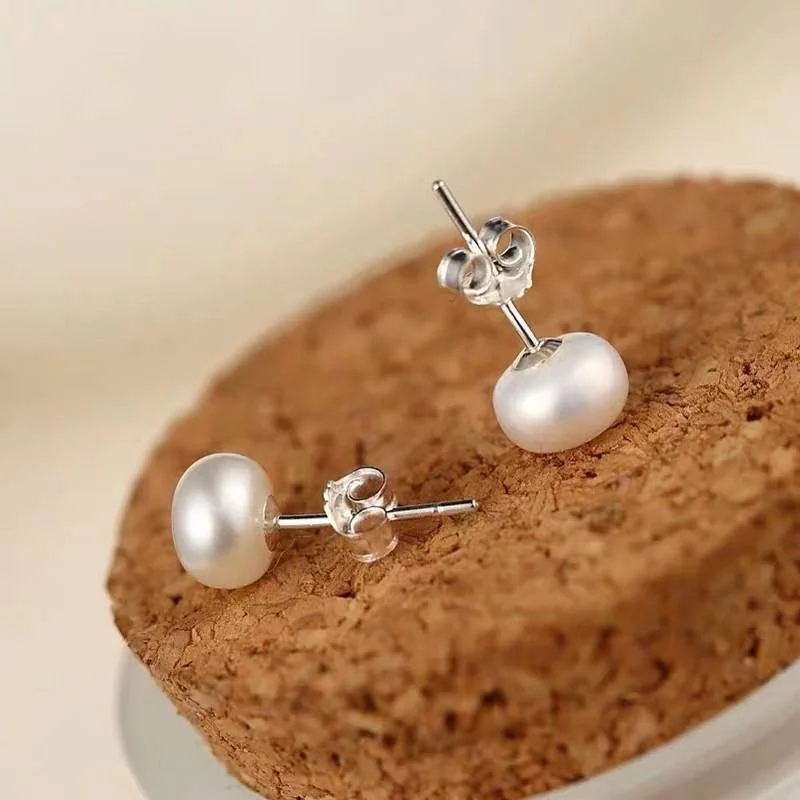 Senlissi- Wholesale 8mm Natural Freshwater White Bread Pearl and 925 Sterling Silver Stud Earrings for Women  Jewelry Gifts