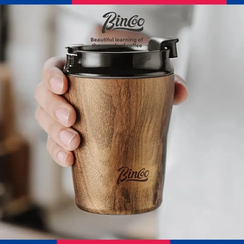 

Portable Stainless Steel Thermos for Coffee Vintage Wood Grain Accompanying Cup Ceramic Inner Tank Classic Travel Flask