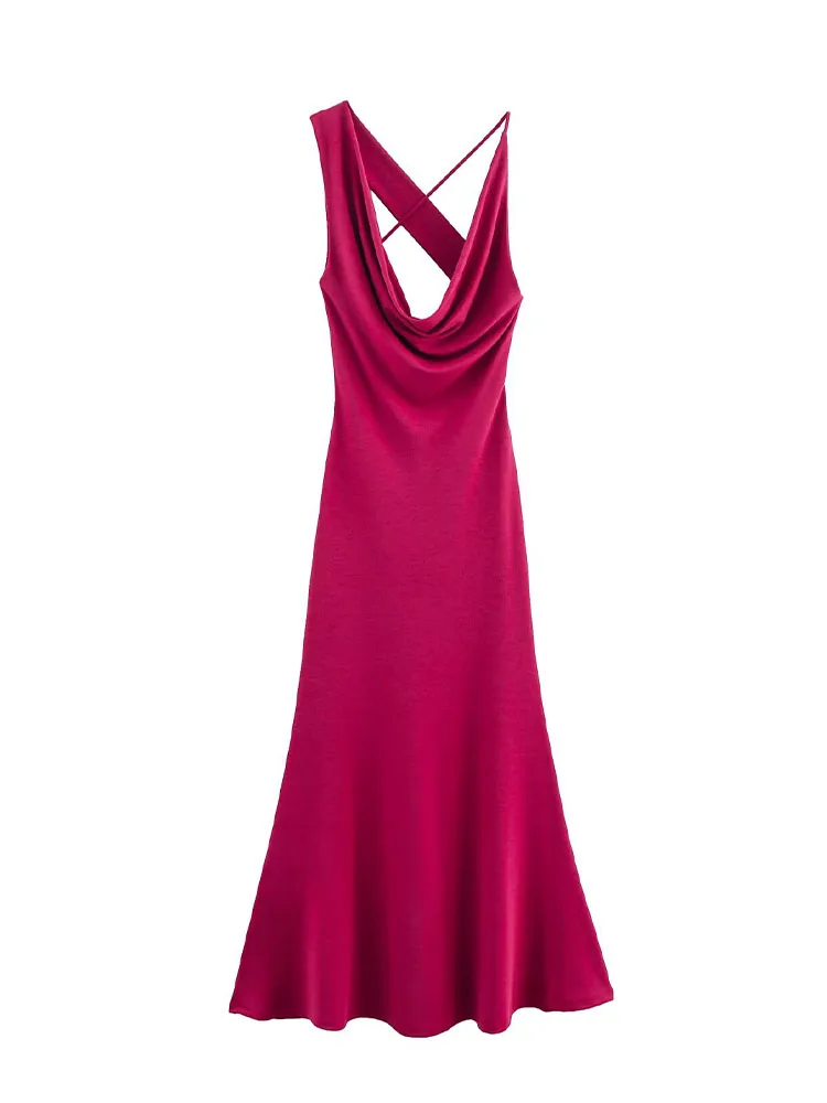 

HH Women's Summer New Fashion Slim Dress Rose Red Sleeveless Backless Decoration Female Beach Style Sexy Long Dresses