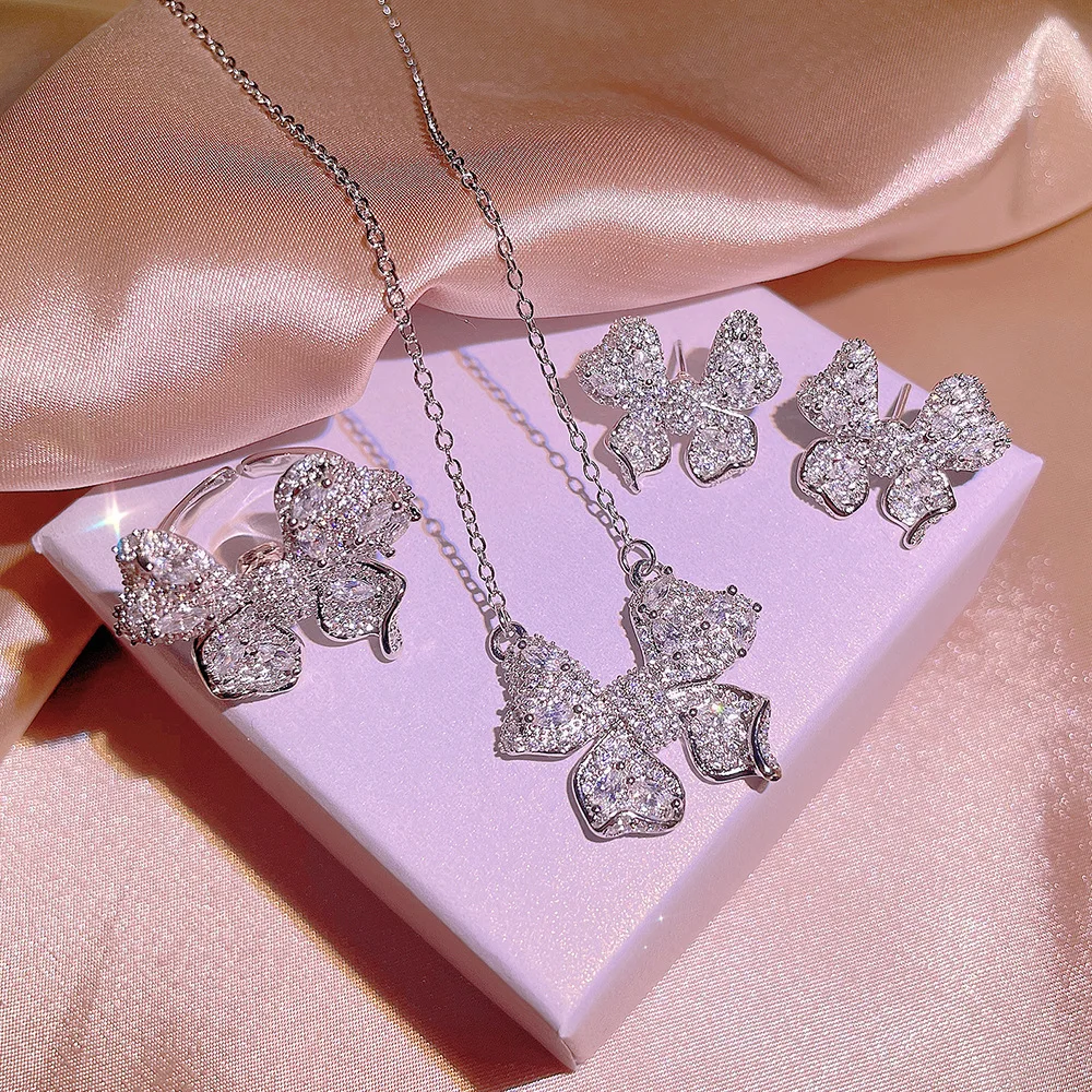 Sweet Cute Bow Set White Zircon Ring Stud Necklace Ladies 925 Stamp Wedding Party Birthday Gift Fashion Jewelry Outlet