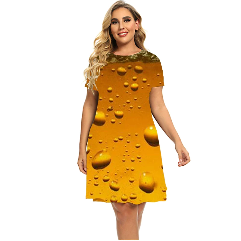 2023 New Summer Fashion Beer 3D Printing Pattern Dress Women Cool Short Sleeve Dress Casual Loose Plus Size Clothing 4XL 5XL 6XL