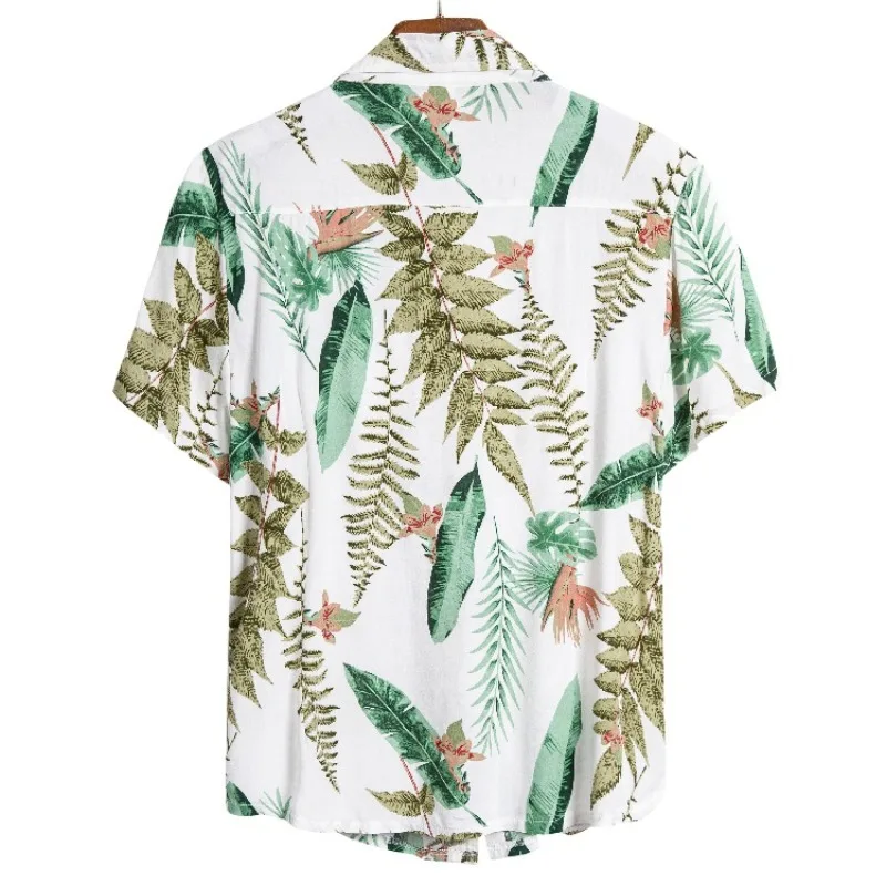 New Summer White Tropical Rainforest Full Printed Short Sleeved Loose Fit Men's Beach Vacation Casual Shirt