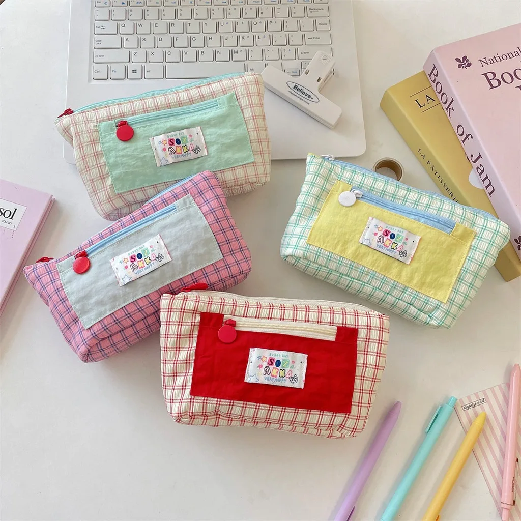 Color Block Check Pencil Bag Polyester Large Capacity Double Zipper Stationery Pouch Cute Portable Organizer for Teen Students