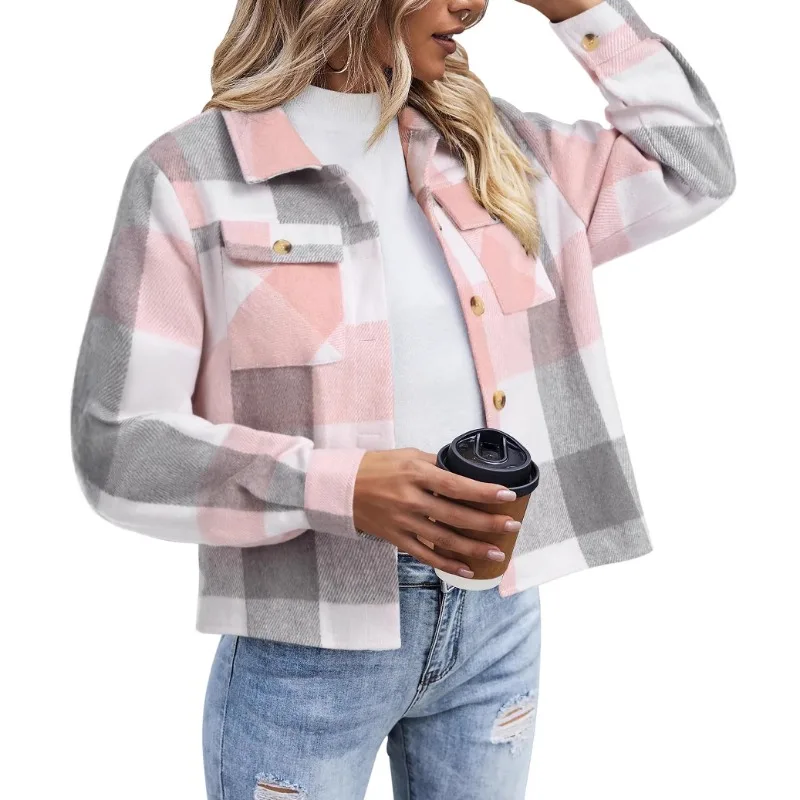 Women's Fall and Winter Jacket Tops Women's Flannel Short Jacket Plaid Button Shirt
