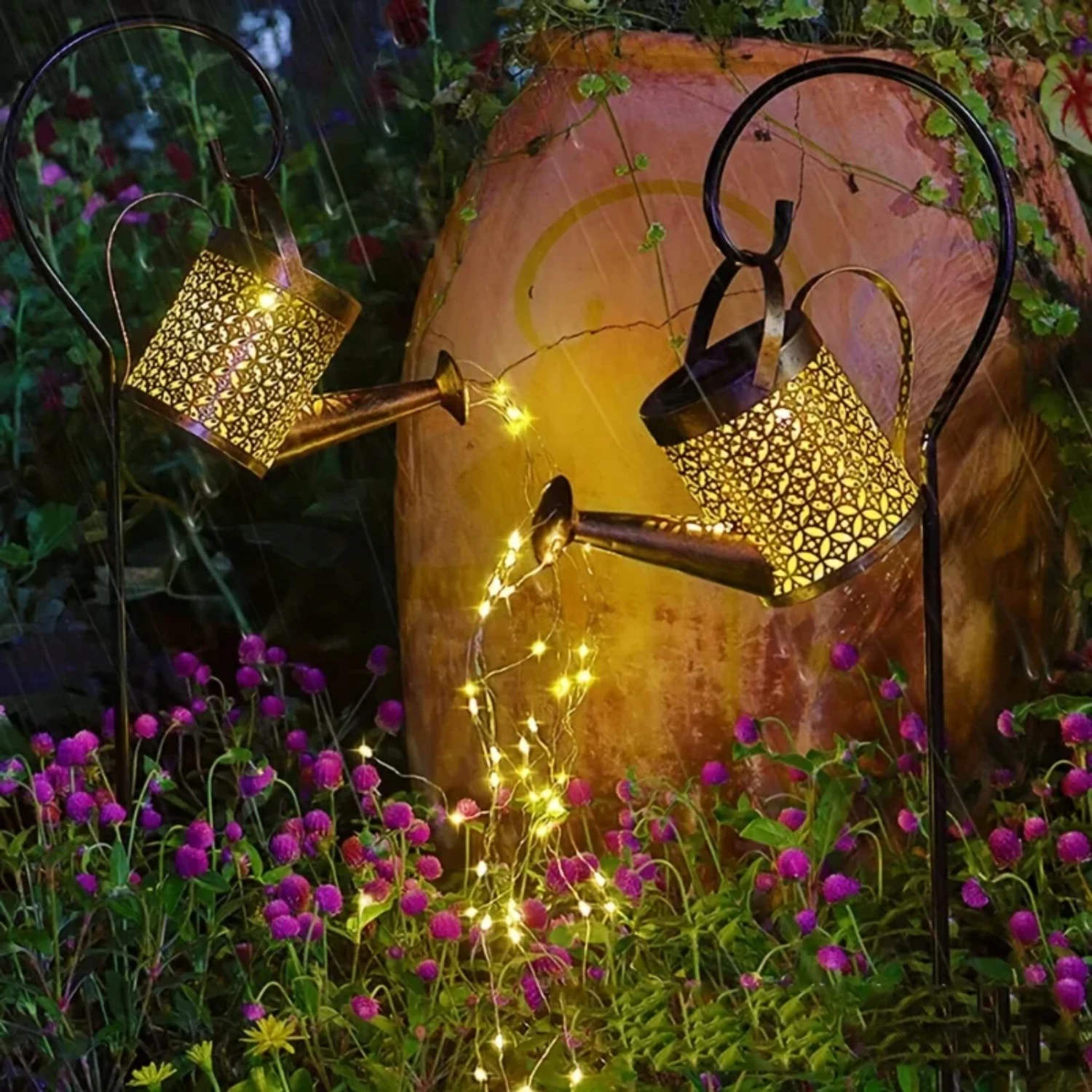 Waterproof Outdoor Metal Lantern Solar Watering Can Light - Decorative Fairy Art Decor for Garden - Hanging Solar Waterfall Ligh