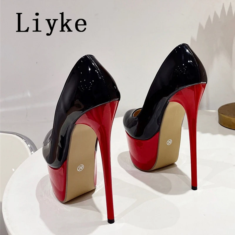 Liyke Classics Black Red High Heels For Women Sexy Shallow Round Toe Slingback Platform Pumps Wedding Banquet Shoes Stilettos