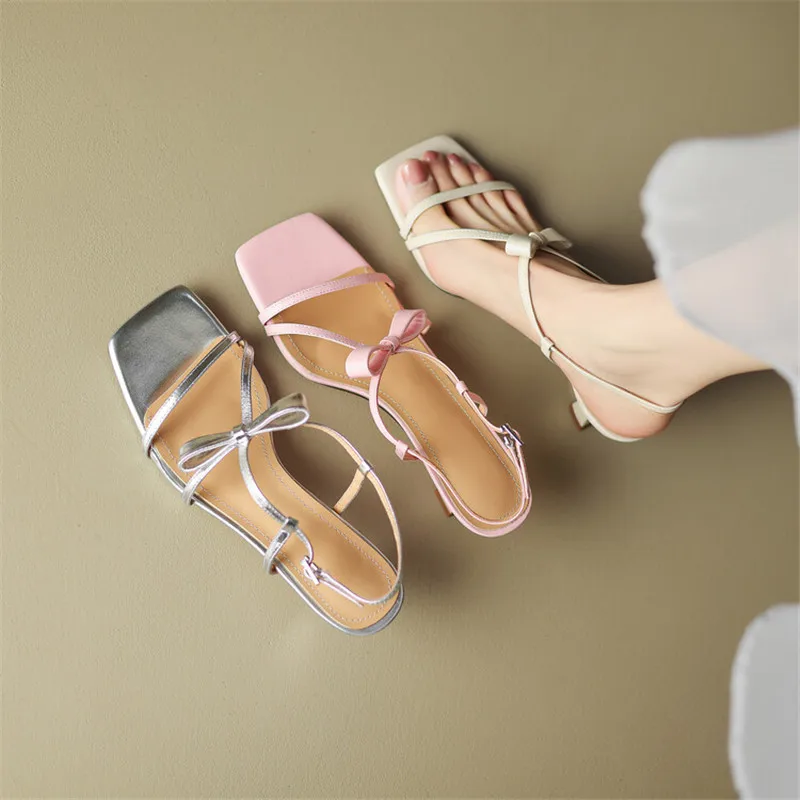 2023 Summer Sandals Women Split Leather Shoes Square Toe High Heels Bow Gladiator Shoes Sandals for Women Handmade Women Sandals