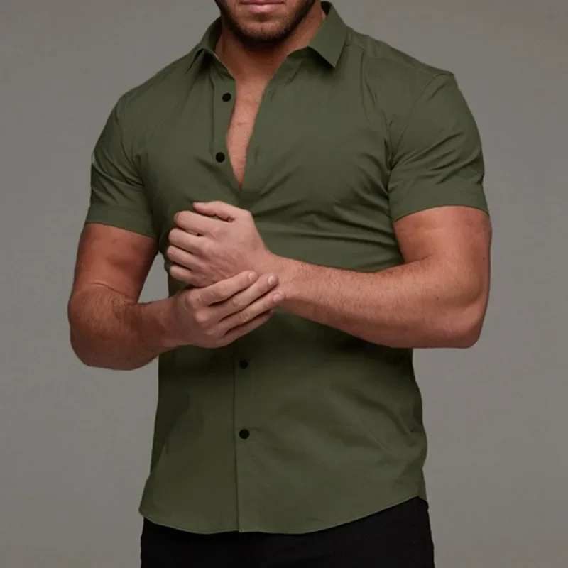 2024 Summer New Men\'s Fitness Short Sleeved Polo Neck Shirt Elastic Thin Solid Sports Casual Cardigan Business No Iron Shirt