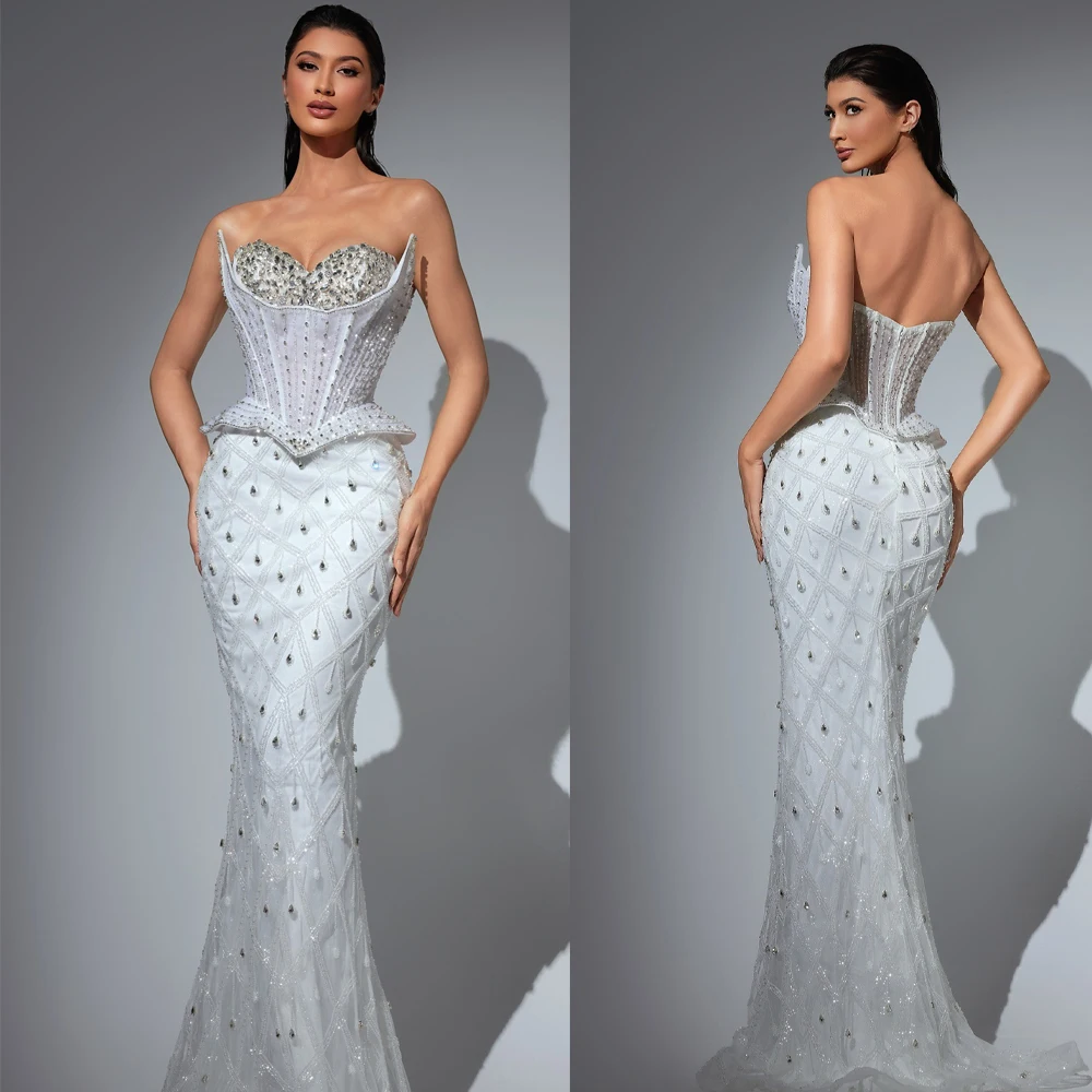 

Luxury Strapless Evening Dresses Crystal Sequins Prom Gowns Rhinestone Sleeveless Princess Backless Customized Vestidos De Noche