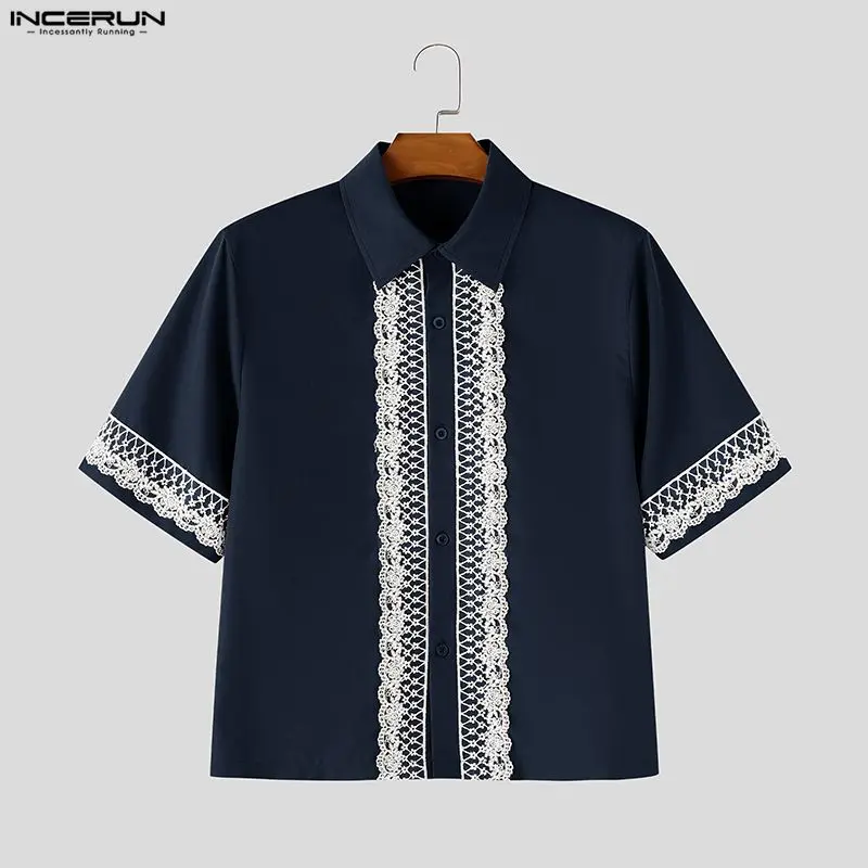 

INCERUN Men Shirt Lace Patchwork Lapel Short Sleeve Summer Men Clothes Streetwear Loose 2026 Fashion Casual Tops For Man Camisas