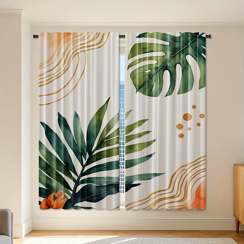 قطعتان، ستائر مطبوعة بأوراق استوائية كلاسيكية مستوحاة من الألوان المائية مع تصميم جيب قضيب، بوليستر لغرفة المعيشة والمنزل #1