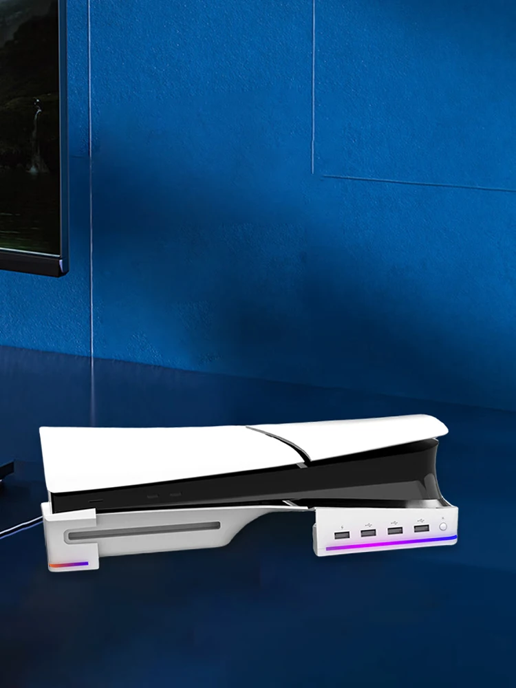 Support de Base de Console de jeu horizontal avec 14 modes d'éclairage et 4 hubs USB support de bureau pour Console de jeu support de rangement pour PS5 Slim