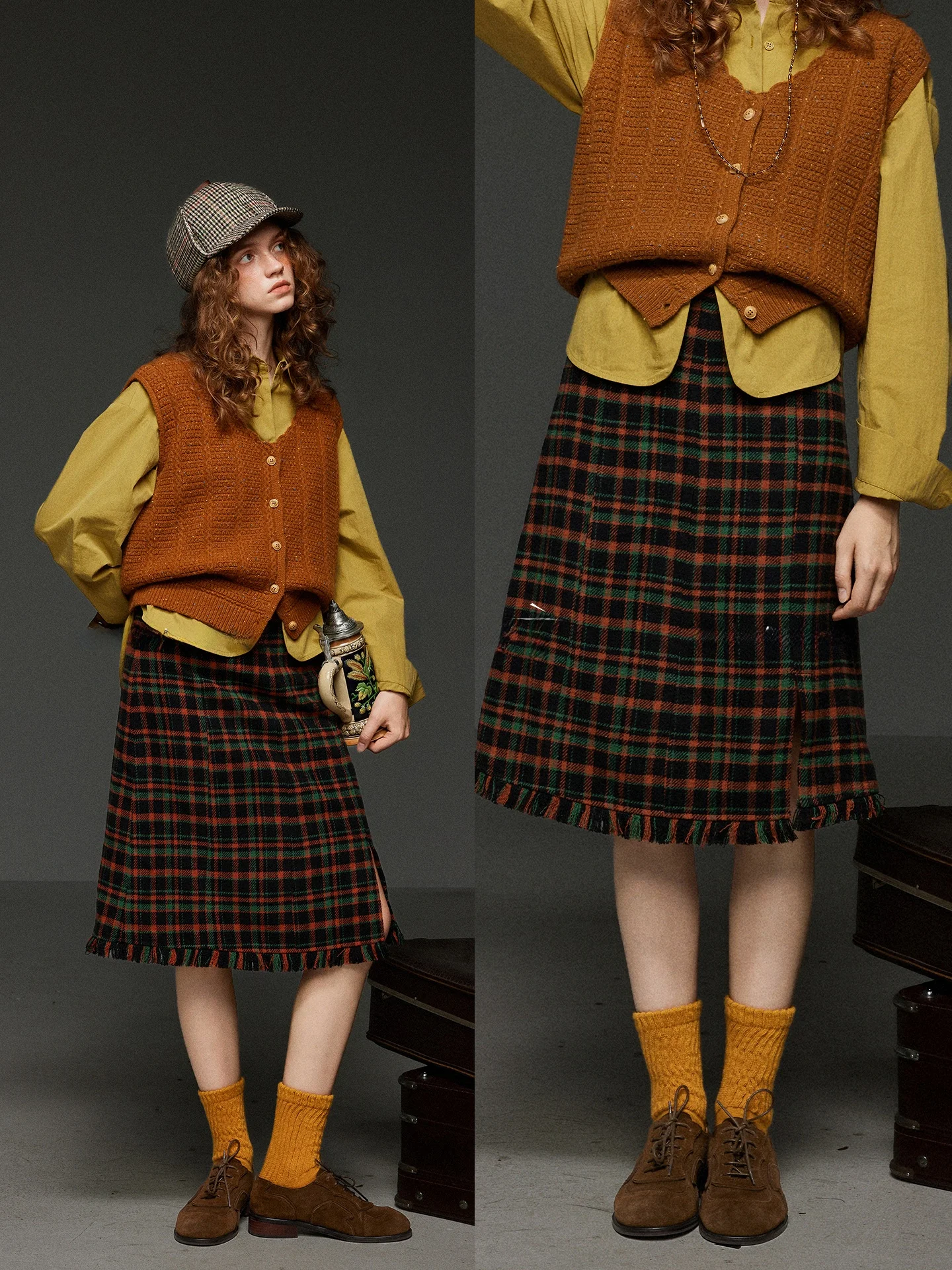 

Retro Tassel High Waist Tweed Plaid Skirt Women's Autumn Color Block Design Slim Straight A-Line Skirt TNIT Brand