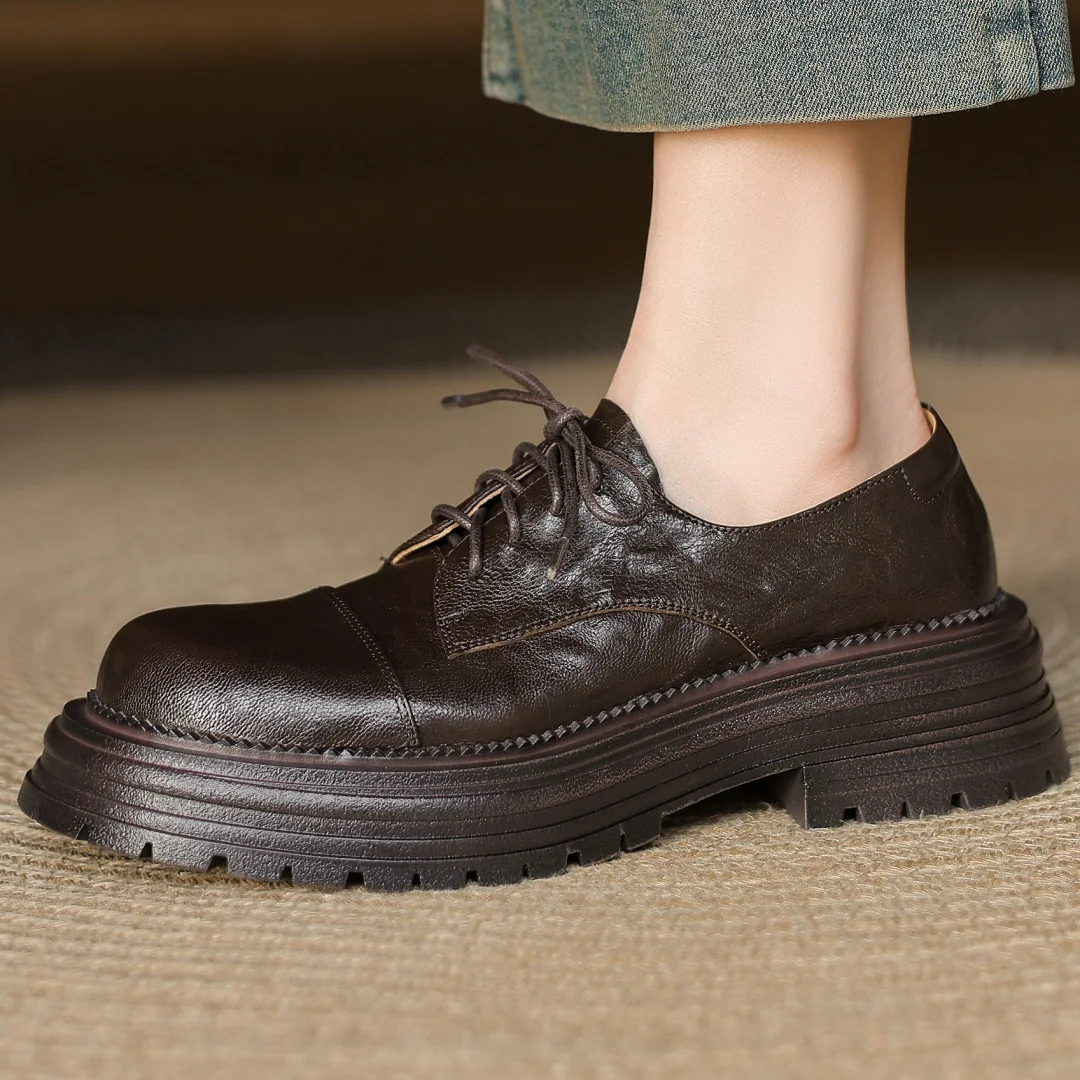 

Women's sheepskin lace-up thick sole platform flats oxfords high quality soft comfortable round toe casual female daily shoes 40