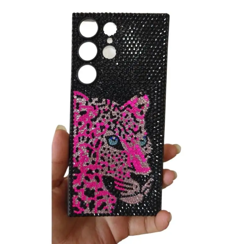 Glass Rhinestone Phone Case Glitter iPhone 16 Cover Cellphone Decorative DIY Pink Leopard Print Mobile Case Blinged Mosaic Gift