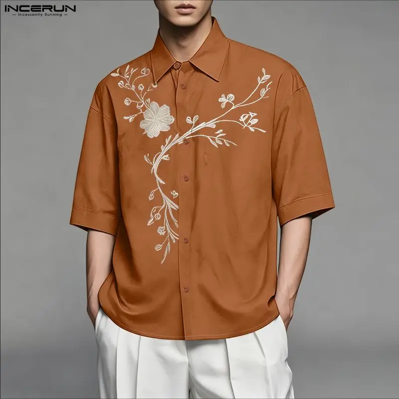 INCERUN Men Shirt Floral Embroidered Lapel Half Sleeve Loose Men Clothing Streetwear Korean Style Fashion Casual Male Tops 2026