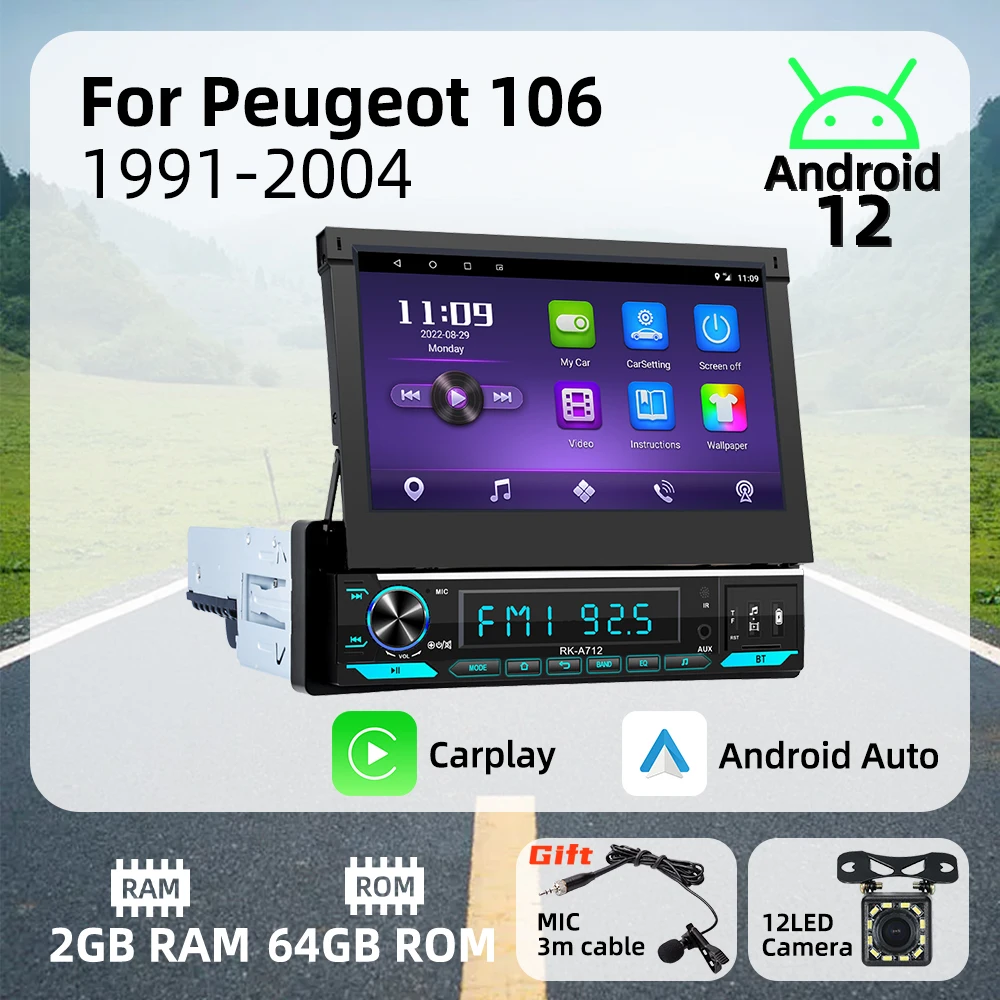 7 Inch Retractable Screen Carplay Android Auto Android Car Multimedia 1 Din Radio for Peugeot 106 1991-2004 Stereo Head Unit GPS