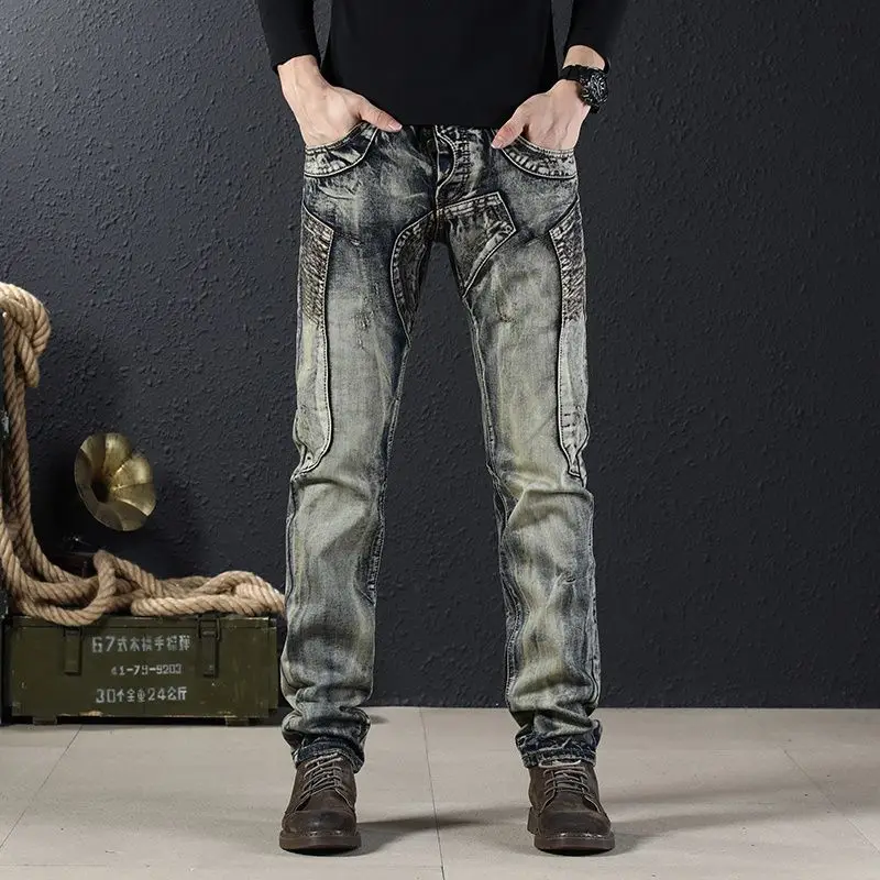 High Quality 2022 Vintage Fashion Denim Jeans Straight Designer Blue High-end Locomotive Biker Splicing Fold Spring Men's Pants