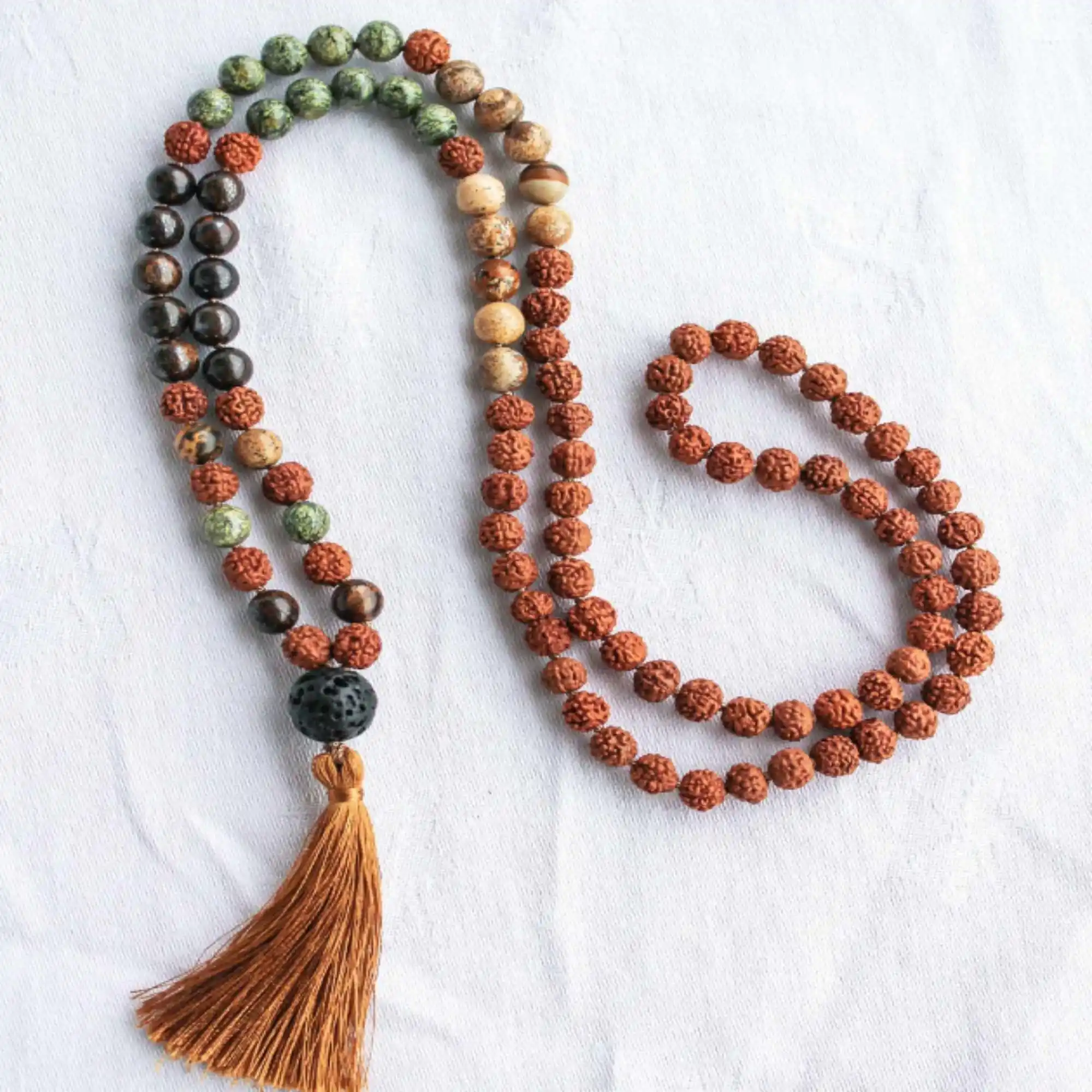 8mm Natural Bronzite Serpentine Jasper Lava Rudraksha bracelet Prayer National Style zazen Relief Taseel Fragrant Calming Mala