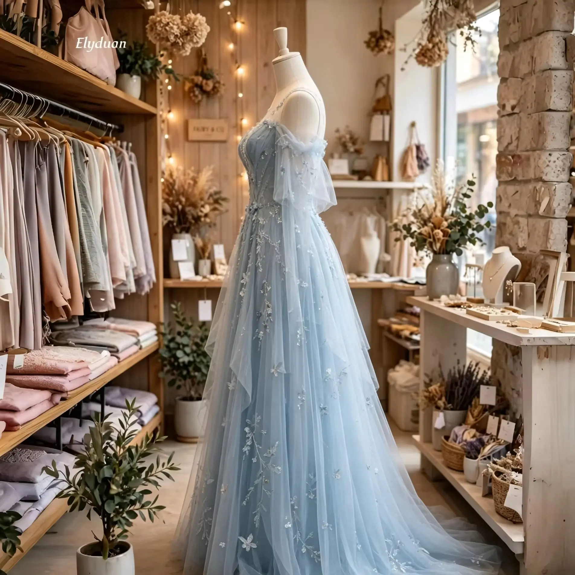 Fantasy Sky Blue Tulle Weddig Dress Off Shoulder Butterfly 3D Floral Appliques A Line Long Romantic Bridal Gown Customized