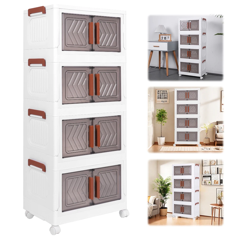 

4 Tier Stackable Storage Bins with Lids with Doors & Wheels Collapsible Storage Bins Folding Storage Boxes for Home Office Dorm