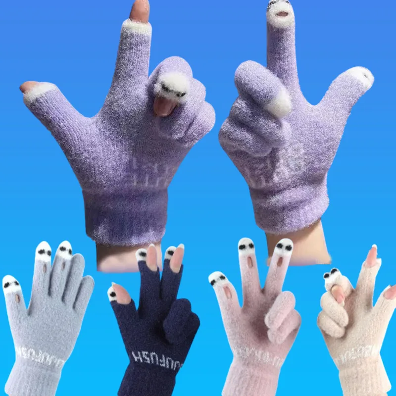 

Women Cute Winter Fluffy gloves Panda Fingertip Warm Knitted Fingerless Gloves Wool Touchscreen Phone Girls Full Finger Mittens