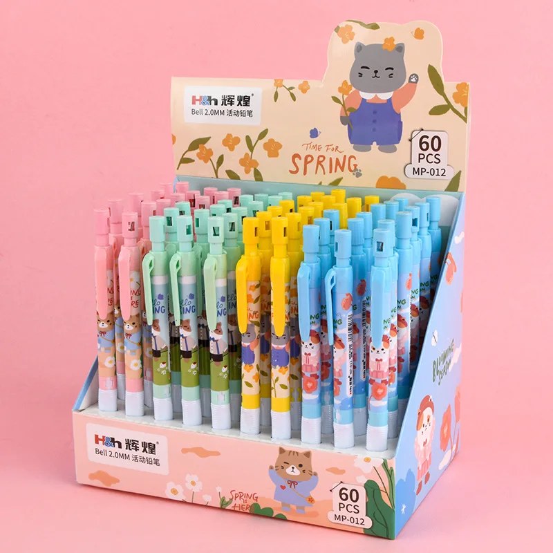 60pcs/lot Kawaii Cat Mechanical Pencil Cute 2.0MM Drawing Writing Automatic Pen School Office Supplies