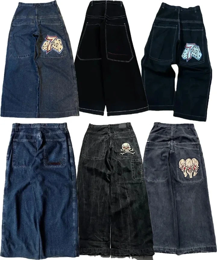 Men Women Retro Gothic High Waist Jeans Y2k Baggy Black Harajuku Hip Hop Pattern Embroidered Blue Denim Pants Wide Leg Jeans