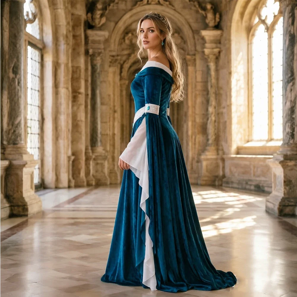 Vestido estilo elfo renacentista medieval, de terciopelo azul verdoso, con hombros descubiertos, mangas acampanadas de gasa, estilo princesa, para mujer, corte ajustado.