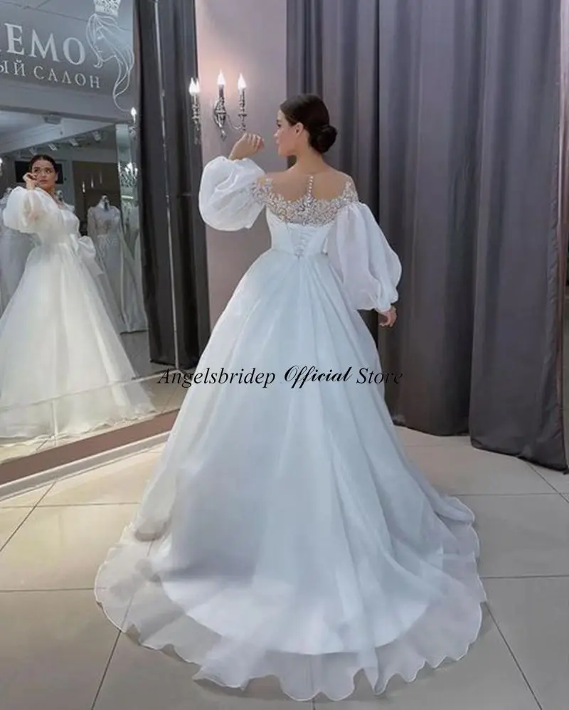 Angelsbrip Gaun Pengantin Pantai Organza Latihan Sapu Lengan Puff Applique Renda Bohemian Gaun Pengantin Vestidos De Novia