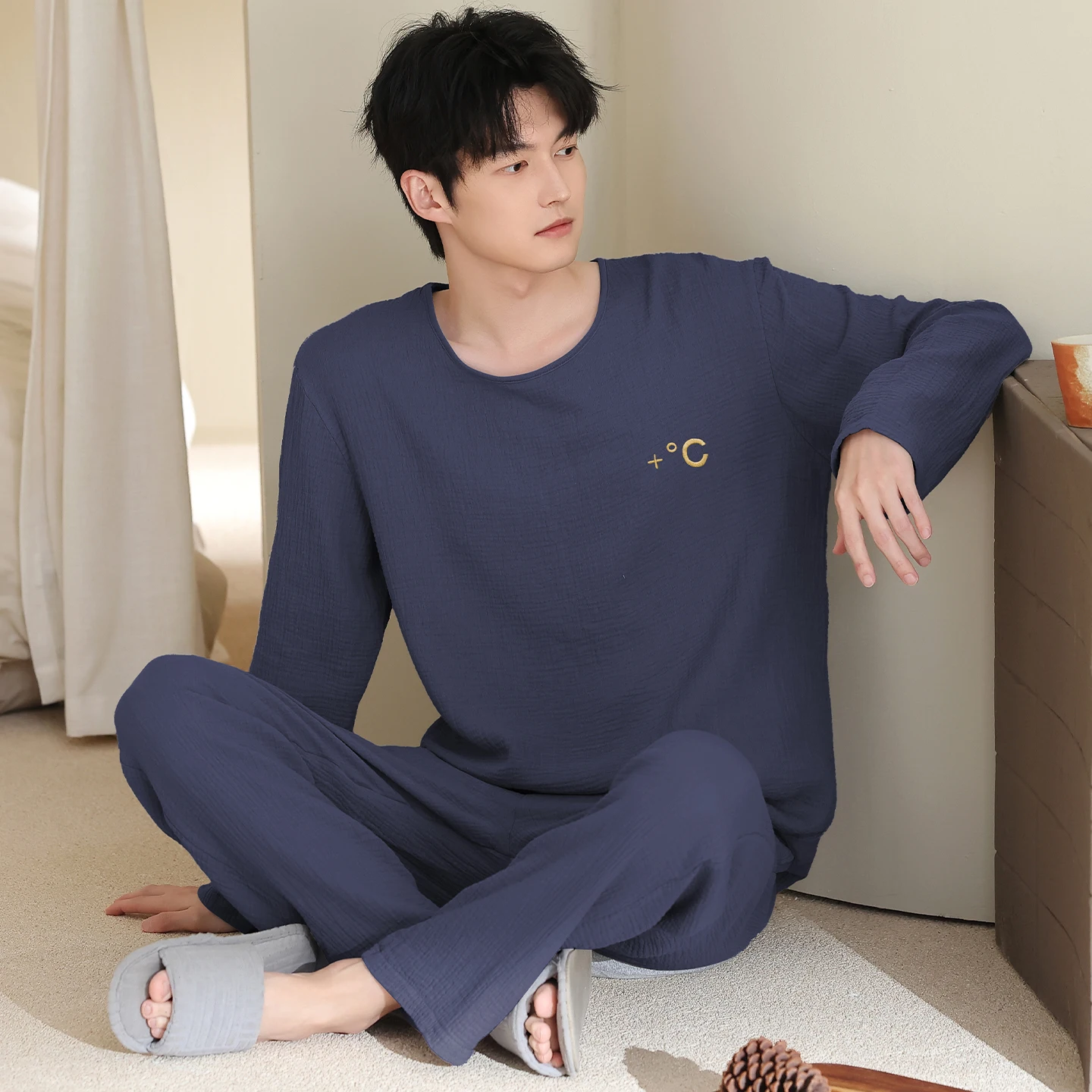 Men Full Pure Cotton Pajamas Spring Autumn Solid Pajama Sets Sleepwear Long Sleeve Tops+Long Pants Pajamas Home Clothing Pyjamas