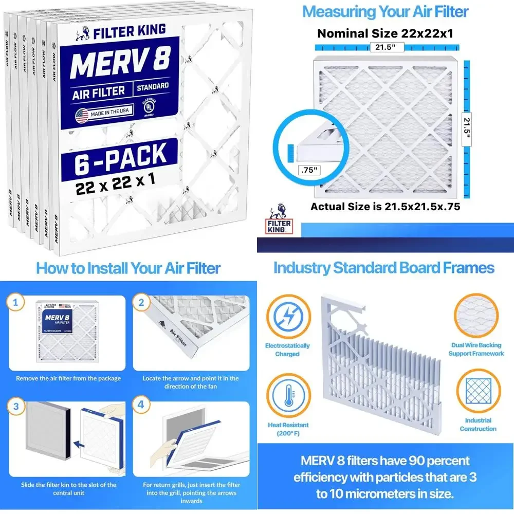 

6-Pack 22x22x1 MERV 8 Pleated Air Filters, USA-Made, Dust & Allergy Control for HVAC Systems