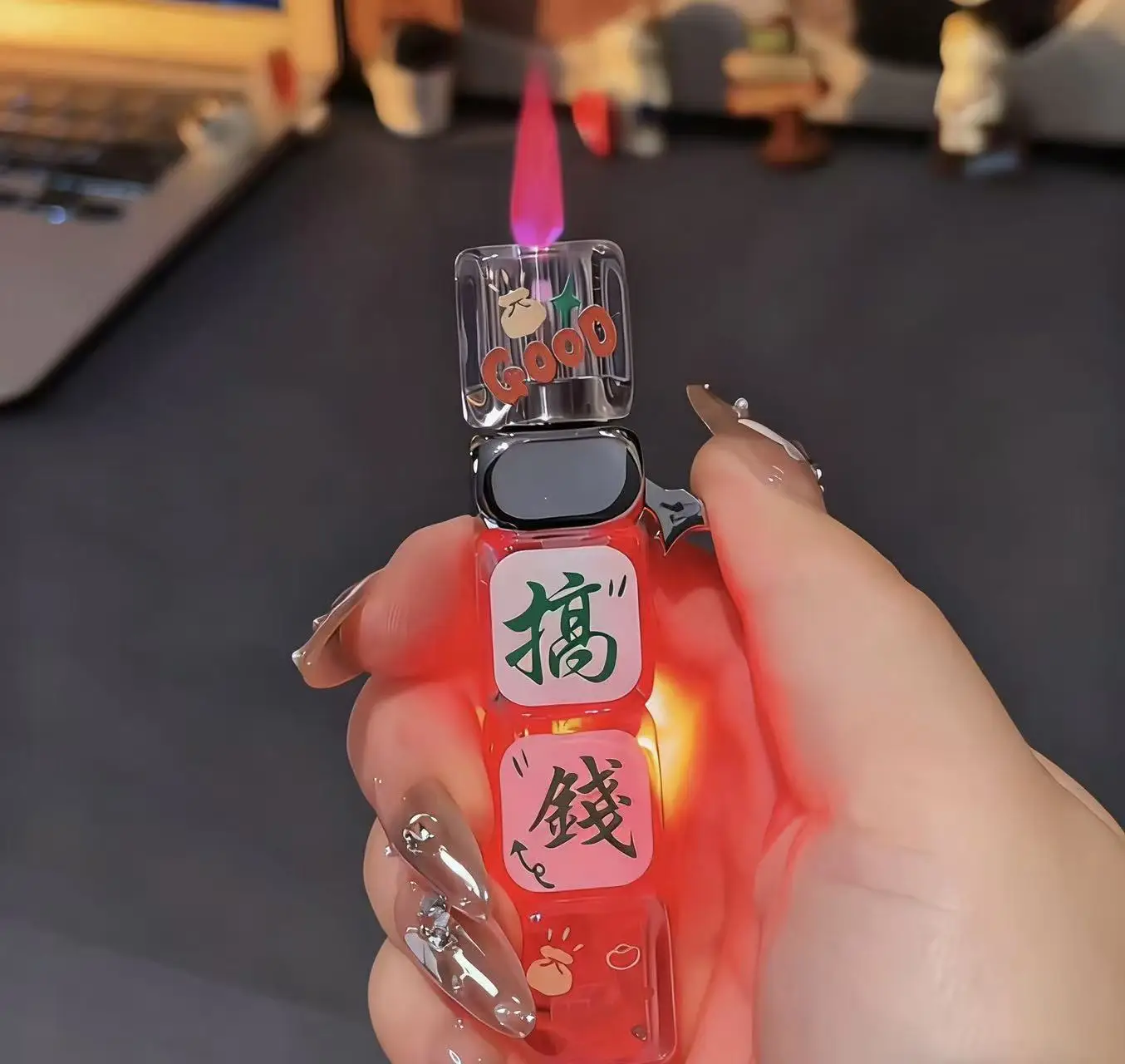 Rotatable Dice Lighter with LED Light, Windproof Pink Flame Gas Lighter Glowing Lighter as a Fun Gift for Men
