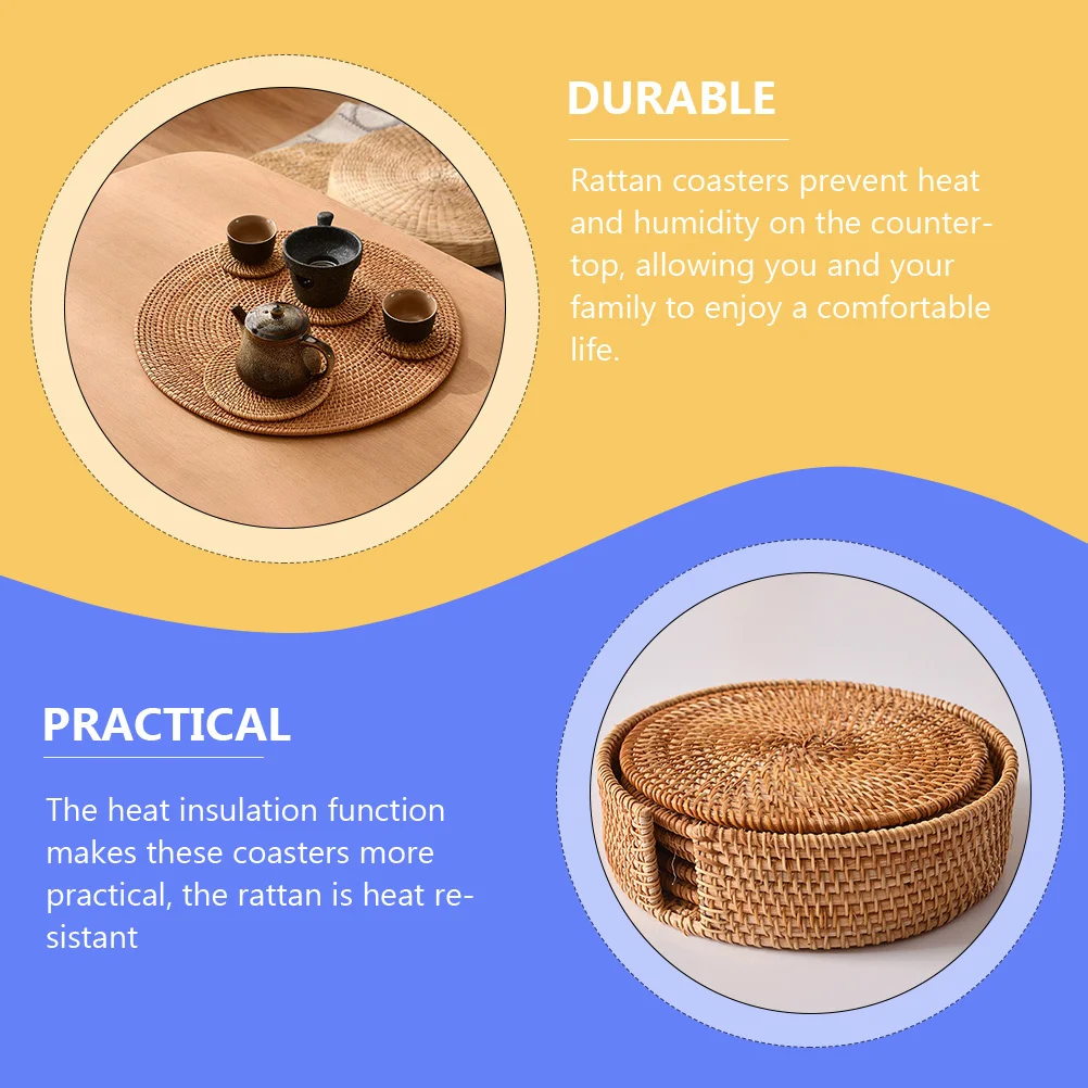 

4Pcs Rattan Coasters Handmade Round Woven Cup Cushion Heat Insulation Mat for Kitchen Dining Table Hotel Rattan Coasters