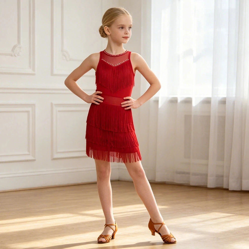 

Girls Tassel Latin Dance Dress Kids Ballroom Dance Costume Professional Practice Competition Stage Performance Party Dance Dress