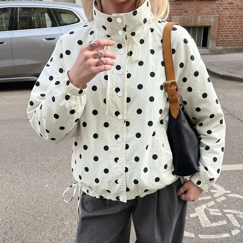 Chic 2026 autumn winter simple commuter wind stand-up collar polka dot lace-up single-breasted loose windproof jacket women Y2K