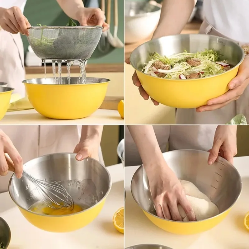 1PC Stainless Steel 2L Large Salad Mixing Bowl with Scale Korean Vegetable Storage Bowl for Baking Egg Beating Kitchen Home Use