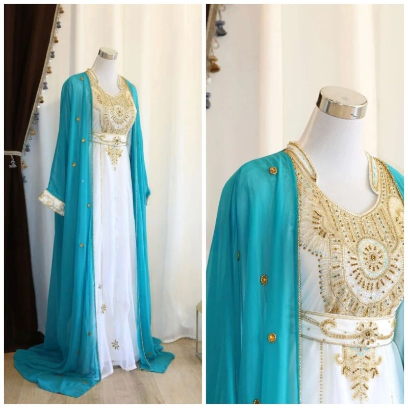 

Turquoise 8 White Kaftans Farasha Abaya Dress From Dubai Morocco Is Very Stylish and Trendy with A Long Floral Dress