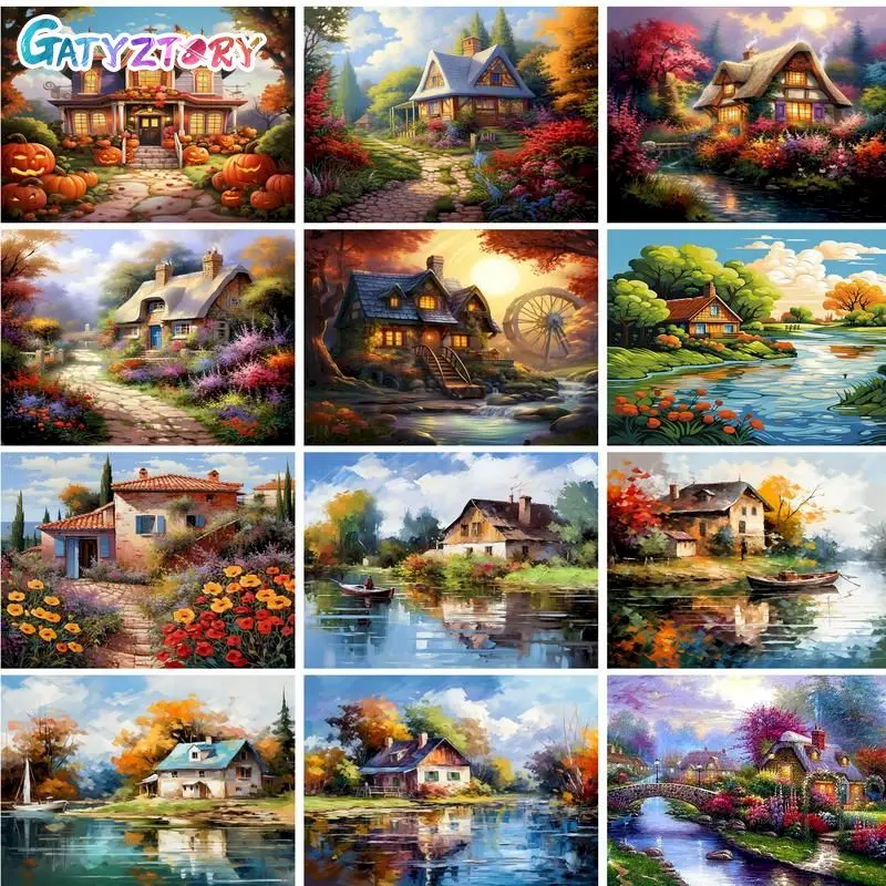 

GATYZTORY Paint By Numbers For Adults Children DIY HandPainted Oil Painting Riverside Cabin Scenery Picture Paint Home Decoratio