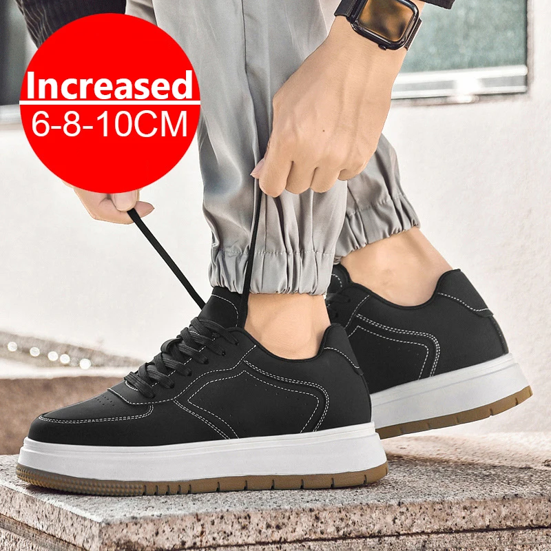أحذية رجالية غير مرئية لزيادة الارتفاع أحذية مصعد برباط علوي أحذية رياضية بيضاء 8/10 سنتيمتر مقاس أطول بالإضافة إلى أحذية رفع غير مرئية