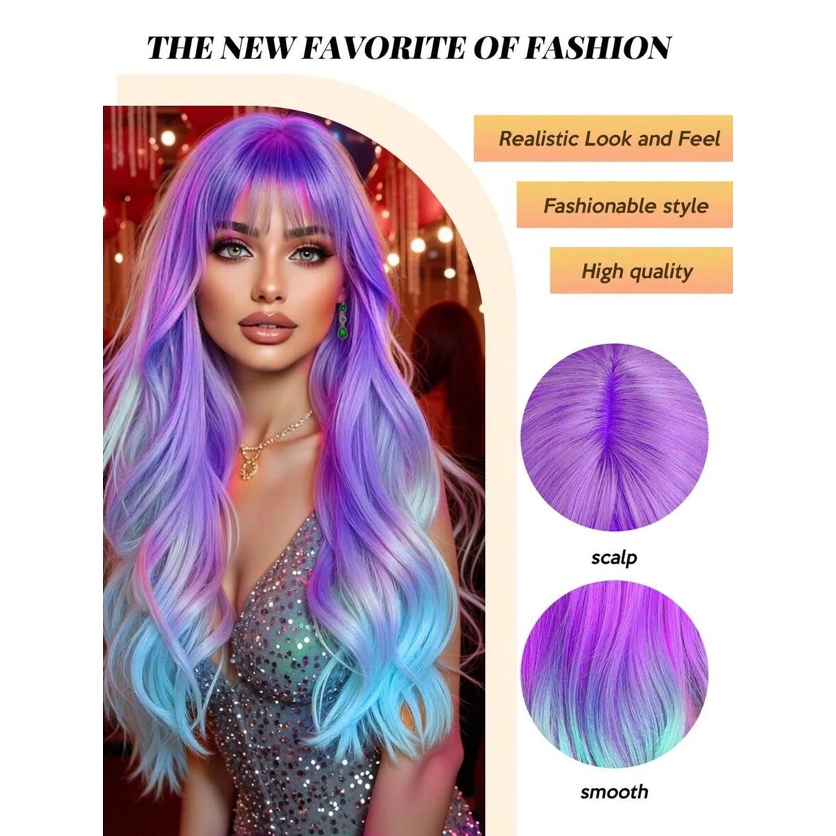 EASIHAIR Halloween Wigs Long Wavy Synthetic Wigs With Bangs Purple Blue Ombre Cosplay Wigs for Women Party Heat Resistant Wigs