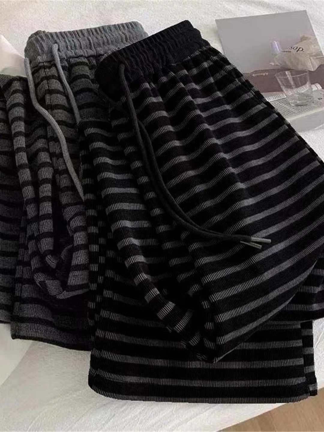 High Waist Striped Wide Leg Pants Women's Casual Loose Fit Straight Cut plus Size 200 Pounds Korean Style Spring Autumn