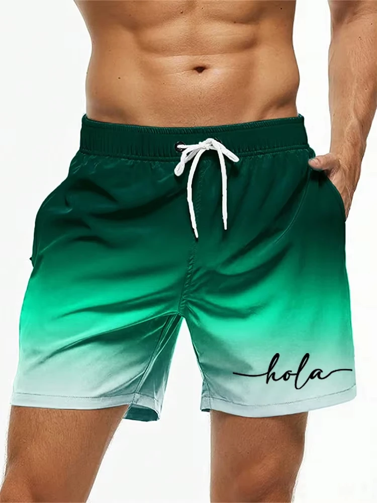 Calções masculinos com estampa de letras, calções de banho masculinos de verão, cintura elástica, estampa 3d 'Hola'Graphics, respirável, feminino, natação, criança, curto