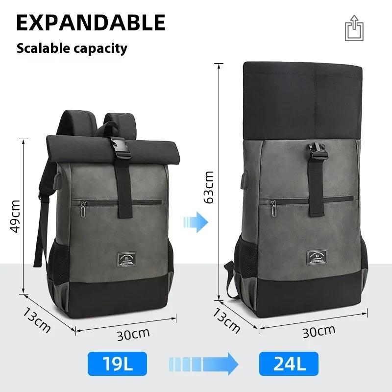 Waterproof usb Computer Backpacks Bags Lightweight PU Leather Men Luxury Roll top Rucksack for Women Men